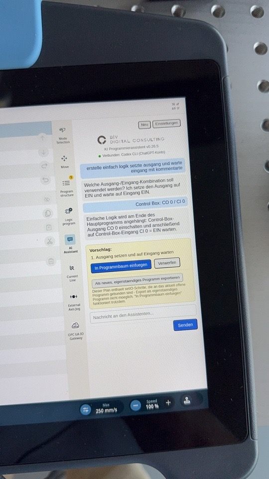AI Programming Assistant auf dem UR17g-1300 (UR Gen7): Vorschlag zum Einfügen in den Programmbaum unter PolyScope X