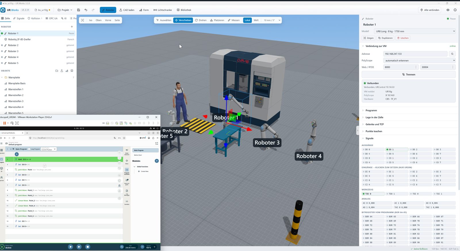 UR.Works mit fünf UR-Robotern an einer CNC-Maschine, daneben das laufende PolyScope-Programm aus dem virtuellen Controller