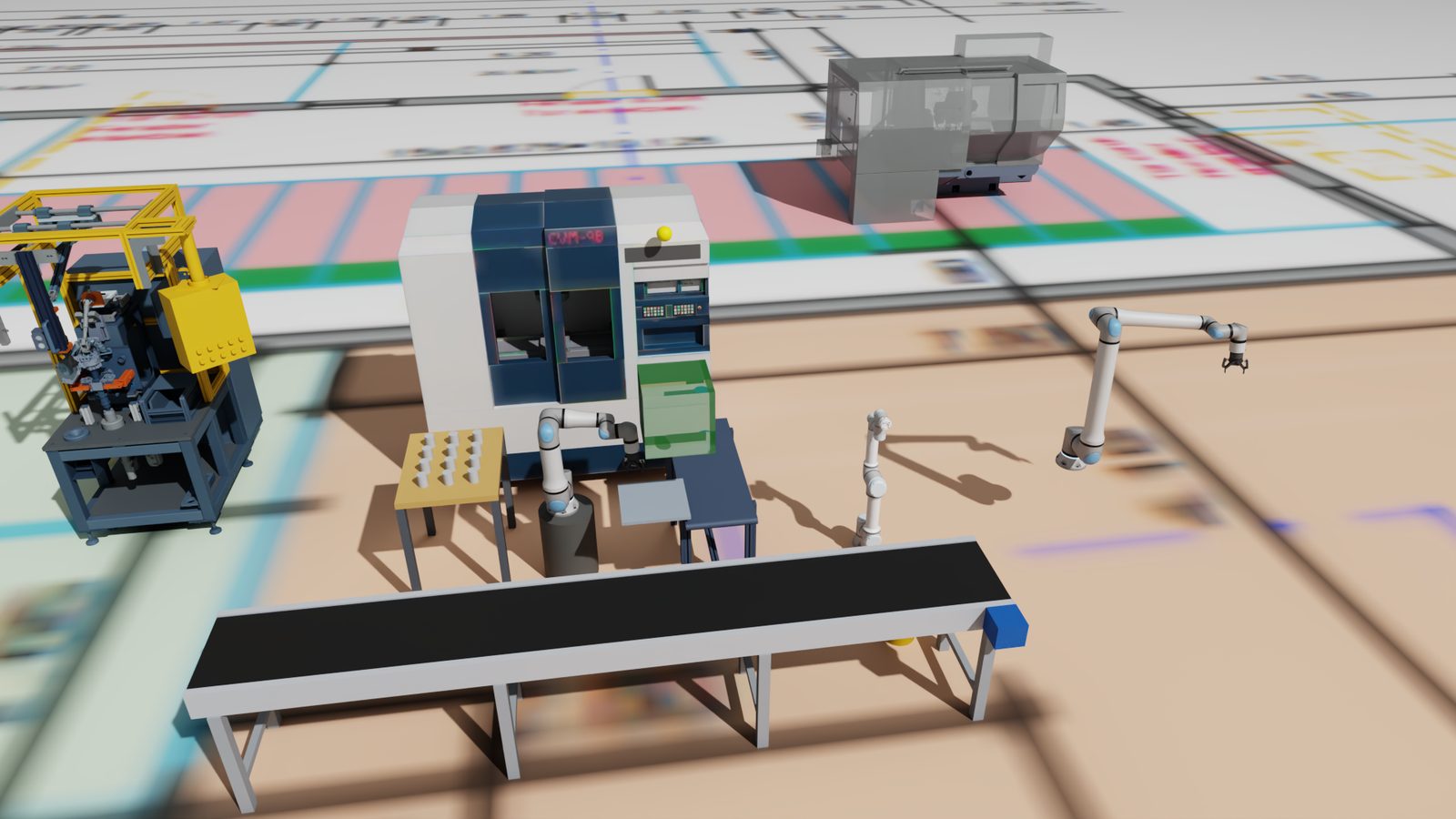 Mit NVIDIA RTX gerenderte UR.Works-Zelle mit CNC-Maschine, Förderband und UR-Robotern auf dem Hallenlayout